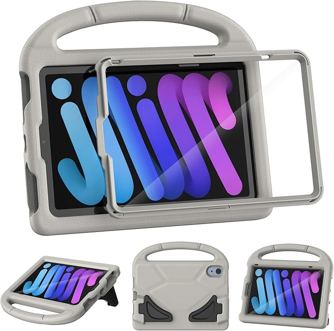 Kids Case for iPad mini 7 (A17 Pro) 2024/ Mini 6 2021, iPad mini 7th/6th Generation Case with Screen Protector - Shockproof with Handle Stand Protective Cover for iPad 8.3 Inch, Light Gray