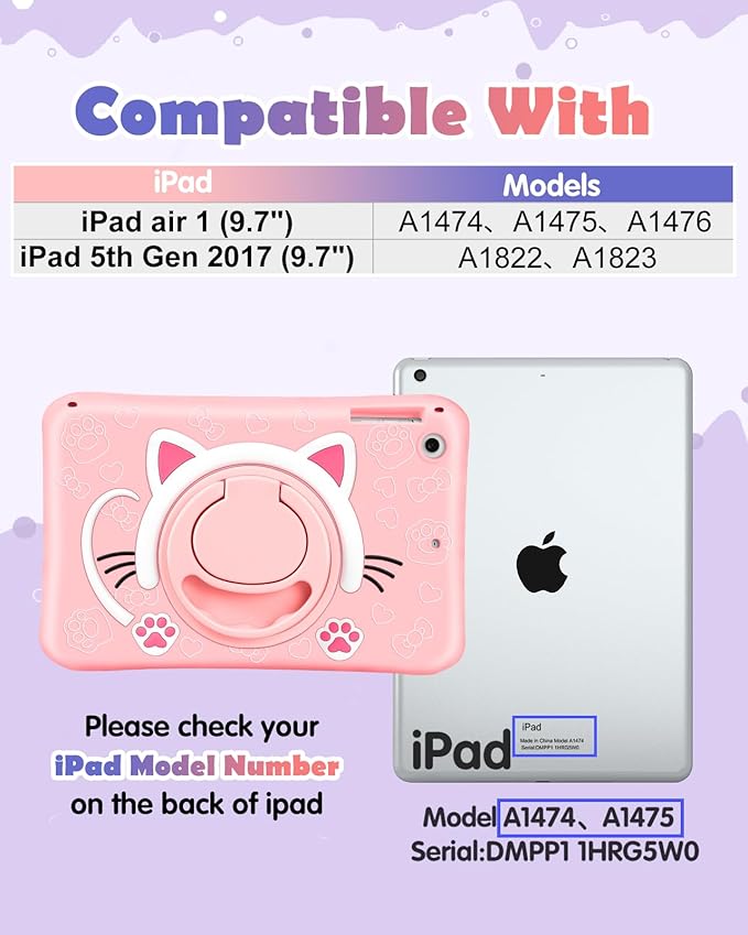 Wazzasoft Case for iPad 5th Generation 9.7 Inch, Tablet Cover for Air 1st Pro 9.7 Cute Cat 3D Cartoon Kitten with Rotating Handle Stand & Strap Silicone Funda for iPad 5th Gen