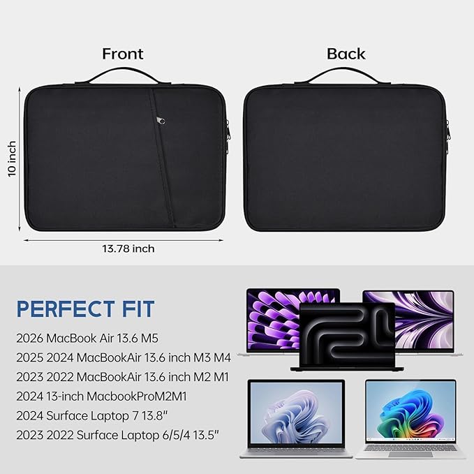 13 inch Laptop Sleeve Case for 2026 2025-2022 MacBook Air 13.6 inch M5 M4 M3 M2 Chip, MacBook Neo 13 inch Laptop Water-Resistant Shockproof Handle Bag Cover w/Accessory Pocket -Black