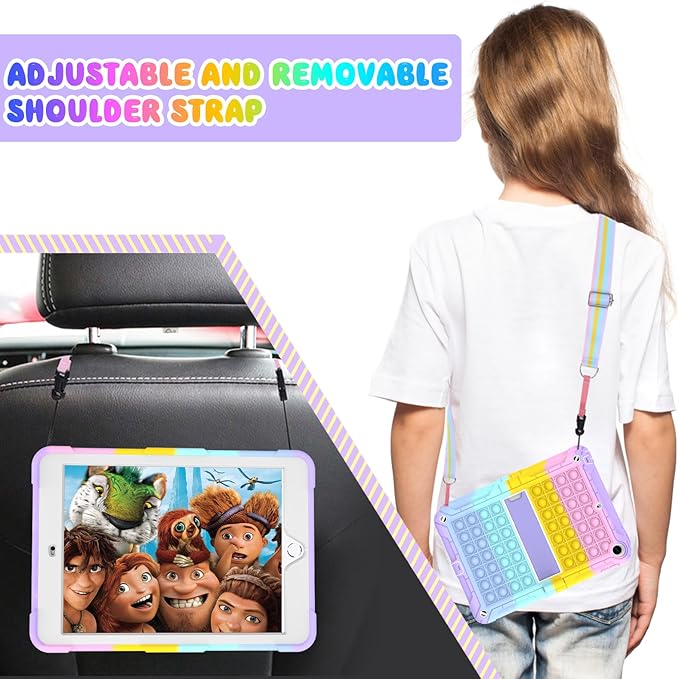 TSQQST iPad 5th/6th Generation Case Pink Purple for Kids Girls with Glass Screen Protector 2017 2018 | iPad Air 2 Case w/Stand+Strap+Pencil Holder | Shockprooof Case for iPad Pro 9.7 Inch | Colorful