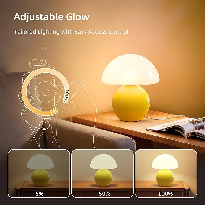 Dawnwake Mushroom Lamp Desk Lamp for Bedroom,Table Bedside Small Lamps for Living Room,Mushroom Decor Cute Mini Modern Mid Century Lamps for Night Stands,Aesthetic Home Living Room Decor(Yellow)