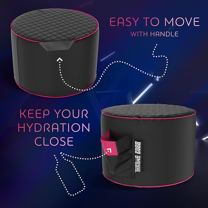 Throne Boss Gaming Footstool - Cover ONLY No Filling - Matching Bean Bag Chair Pouf/Ottoman - Round Gamer Foot Stool Footrest with Drink Holder (Pink)