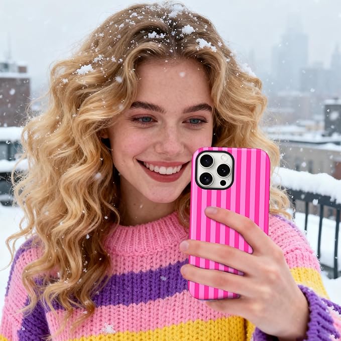 Magnetic for iPhone 15 Pro Max Case Cute Stripes Phone Case, Shockproof Slim TPU and Hard PC Protective Phone Cover Compatible with MagSafe Designed for Women Girls, Deep Pink