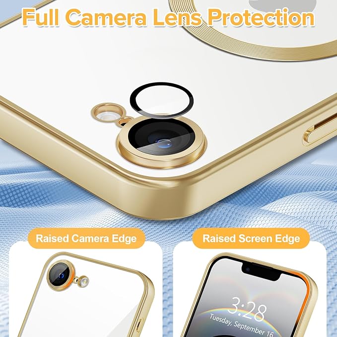 Hython Magnetic Clear for iPhone 16e Case with Camera Lens Protector [Compatible with MagSafe] Luxury Plating Edge Slim Soft TPU Cover Protective Phone Case for iPhone 16e 6.1", Matte Gold