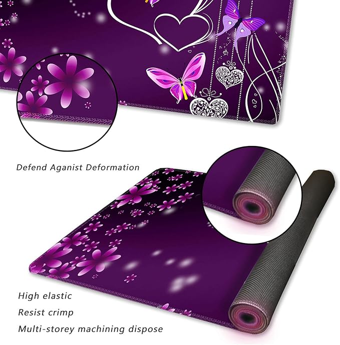 Extended Gaming Mouse Pad XXL ArtSo Large Keyboard Mat Long Mousepad Desk Decor Writing Pad Non Slip Rubber Base Stitched Edges for Work, Game, Office, Home, 35.1" x 15.7", Purple Heart Butterfly