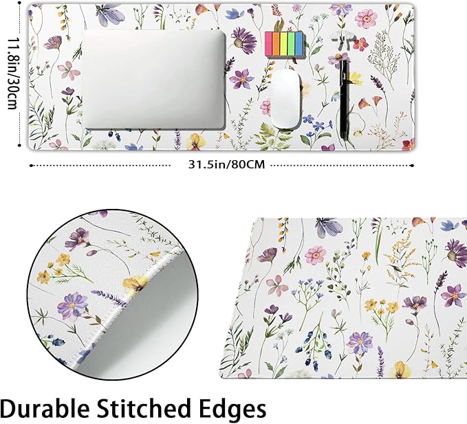Pretty Flowers Mouse Pad XL Cute Floral Chic Plant Spring Summer Extended Table Mat 80X30cm Non-Slip Rubber Base Stitched Edge Large Mousepad for Desk Gaming Laptop Desk Top,31.5×11.8 Inch