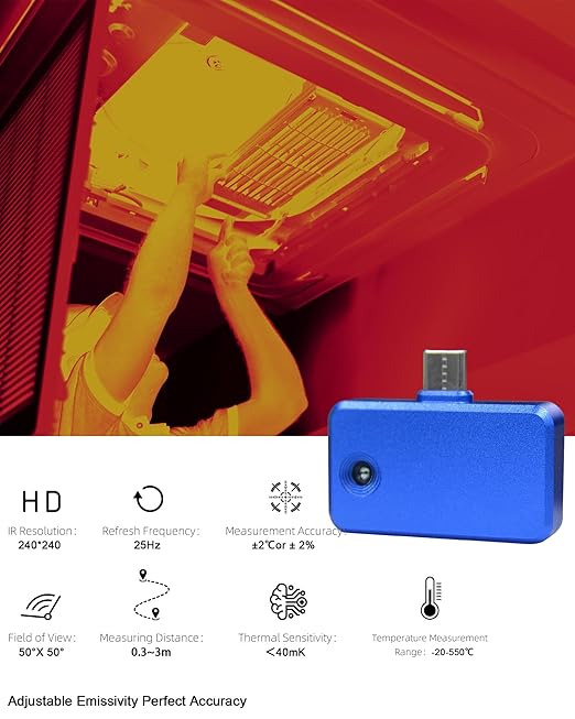 Small Thermal Imaging Camera, WapoRich Thermal Camera Compatible USB-C Android Device, 240x240 TISR Resolution Infrared Imager for Home, HVAC, Electrical & Automotive