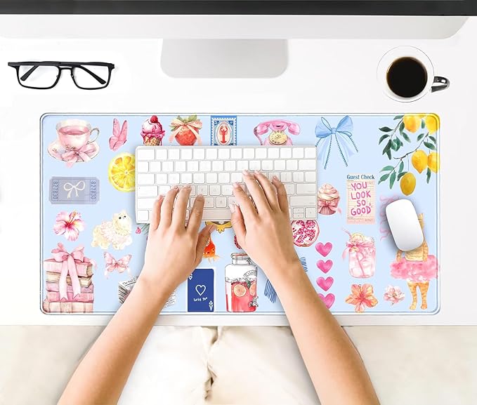 Cute Blue Desk Mat Kawaii Cat Mouse Pad Retro Vintage Large XXL Mousepad Computer Keyboard Laptop Mouse Mat Aesthetic Floral Office Desk Decor for Women Girl