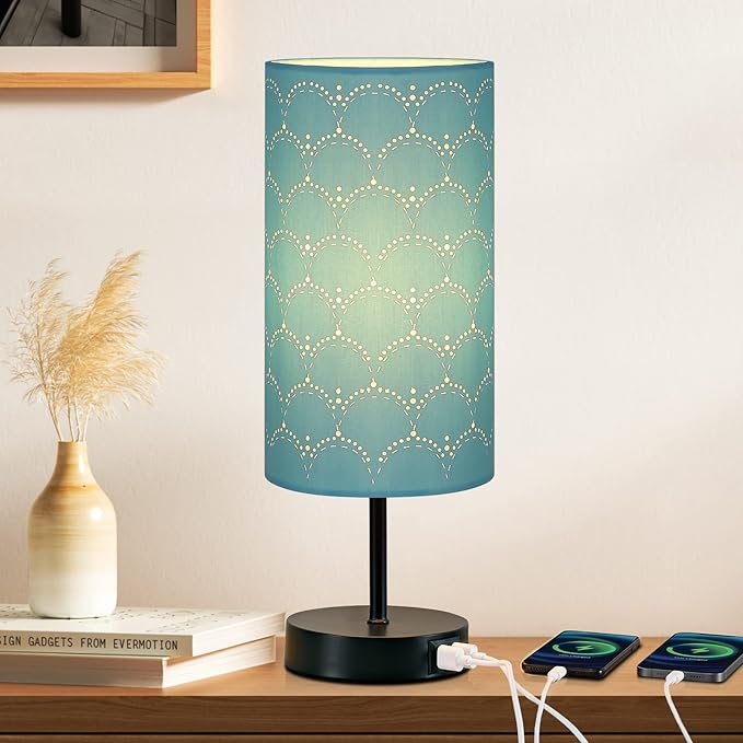 CINSARY Touch Control Bedside Lamp with 2 USB Ports, 3-Way Dimmable Table lamp for Bedroom, Nightstand Lamp with Round Blue Fabric Shade for Living Room Home Office (E26 LED Bulb Included)