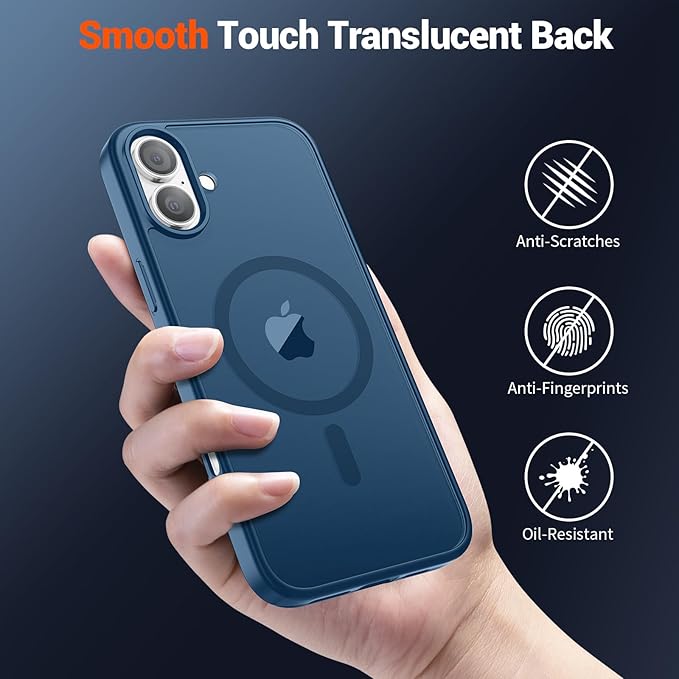 SUPFINE Magnetic for iPhone 16 Case (Compatible with MagSafe) (Military Grade Drop Protection) Translucent Matte Shockproof with Anti-Fingerprint Phone Case,Deep Blue