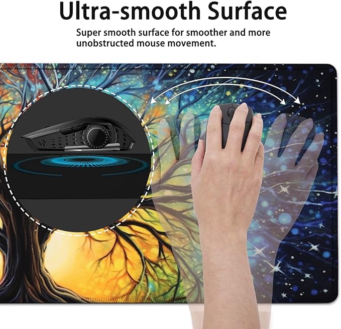 Large Mouse Pad, 31.5 x 11.8in Extended Gaming Mouse Pad with Stitched Edges, XXL Mousepad Protector Non Slip Rubber Base for Office and Home Writing Mat, Colorful Tree of Life Pattern Black Desk Mat