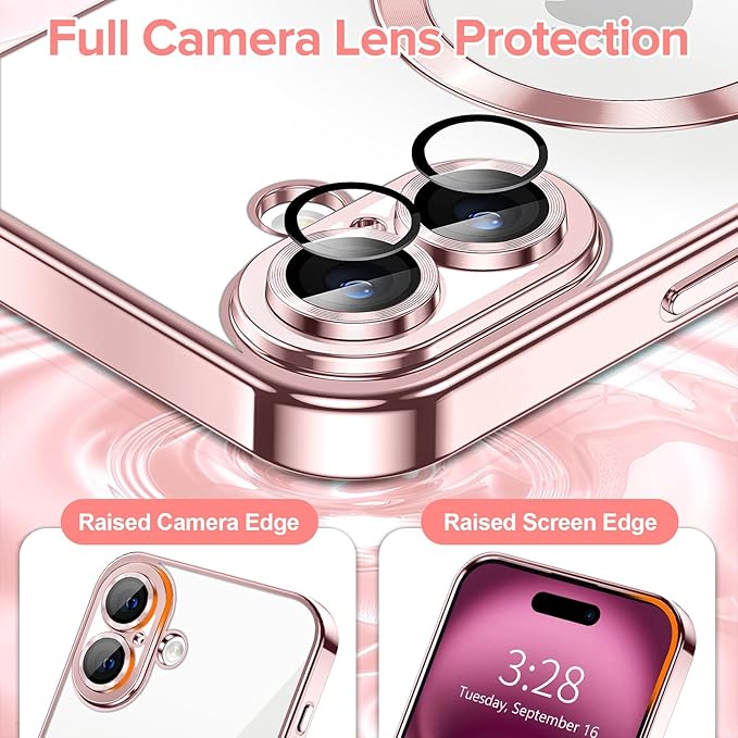 Hython Magnetic Clear for iPhone 16 Case with Camera Lens Protector [Compatible with MagSafe] Luxury Plating Edge Slim Soft TPU Cover Protective Phone Case for iPhone 16 6.1", Pink