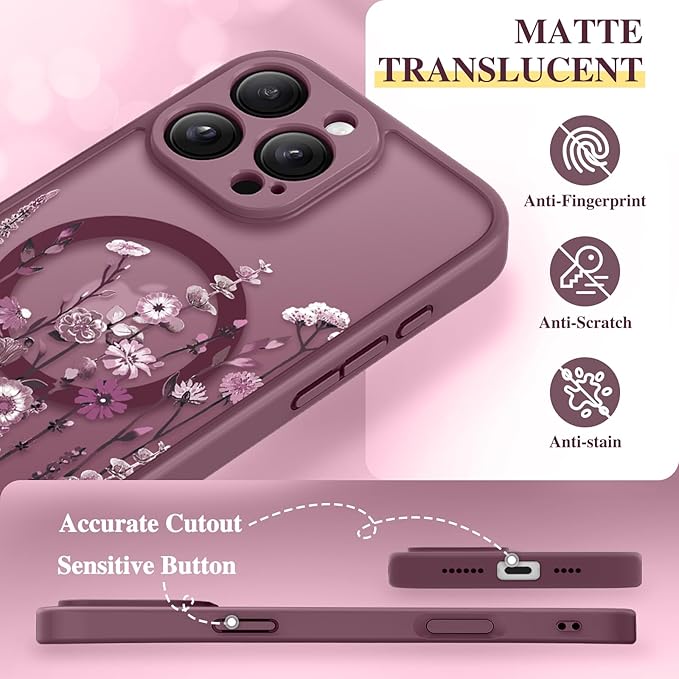 GVIEWIN for iPhone 16 Pro Max Case Compatible with MagSafe, [Military Grade Protection] [Screen Protector] Full Camera Protection Floral Translucent Women Magnetic Phone Case, Floratopia/Burgundy
