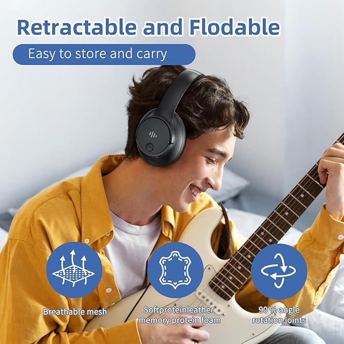 Eduiosma Active Noise Cancelling Headphones, Wireless Over Ear Bluetooth Headphones with Microphone, Transparency Mode, 70H Playtime, Hi-Res Audio, Deep Bass, Bluetooth 5.3, Lightweight Design,Black