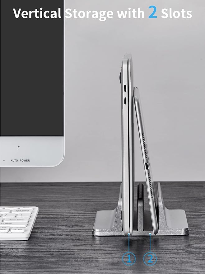 JARLINK Vertical Laptop Stand Holder, Aluminum Double Desktop Stand Holder with Adjustable Dock (Up to 17.3 inch), Compatible with MacBook, Surface, Chromebook, and Gaming Laptops, Grey