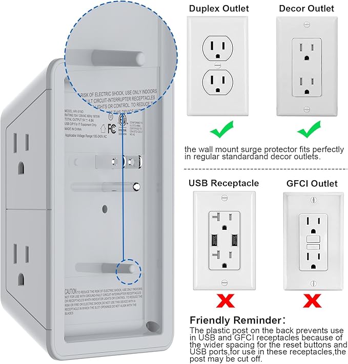 Outlet Extender, Surge Protector Outlet with 5-Multi Plug Outlet and 4 USB Ports(1 USB C), 3-Sided 1680J Power Strip Wall Charger, Multiple-Plug Outlet Splitter for Home Travel Office,ETL Listed,Grey
