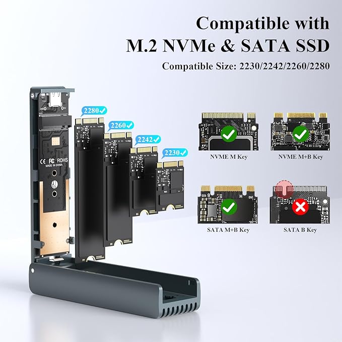 NVMe Enclosure with Cooling Fan, Tool-Free Installation,Full Aluminum Alloy, Sandwich Style Design, USB 3.2 Gen 2 PCIe Adapter for M & M+B Key NVMe/SATA M.2 SSD Case for 2230/2242/2260/2280