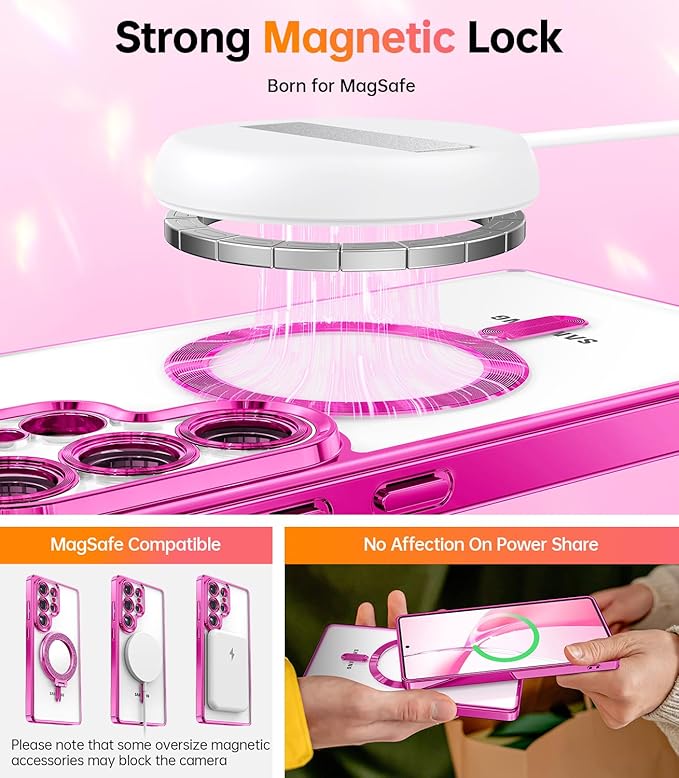 Meifigno Case Designed for Samsung Galaxy S25 Ultra 6.9 inch, [Compatible with MagSafe] [2X HD Screen Protectors] [Glitter Card & Wrist Strap] Full Lens Protection Case for Galaxy S25 Ultra, Hot Pink