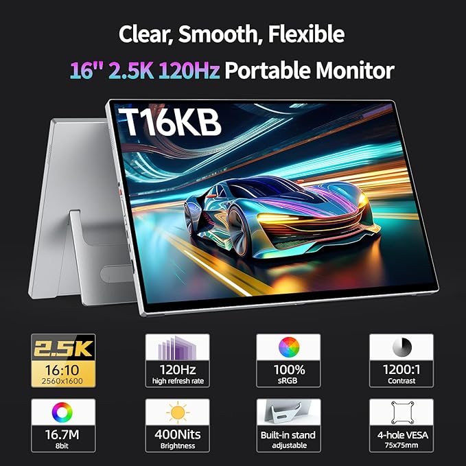 Intehill 16" 2.5K Portable Monitor, Second Laptop Screen Extender for Travel, Touchscreen Monitor for the Demanding Professionals, 120Hz Portable Gaming Monitor with Built-in Stand, T16KB (Silver)