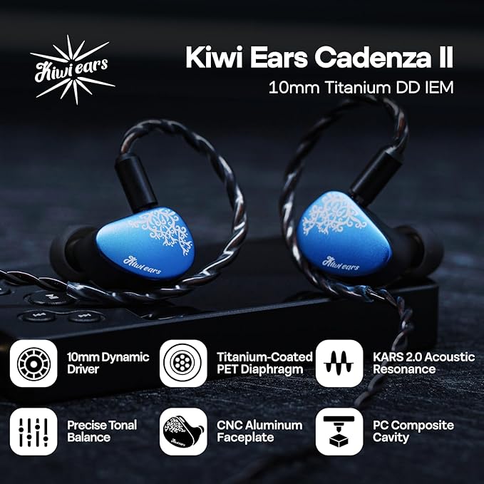 Linsoul Kiwi Ears Cadenza II 10mm Titanium Driver in Ear Monitor, HiFi Wired IEM Earphones with KARS 2.0, Precise Tonal Balance, CNC Aluminum Faceplate for Musicians Audiophiles Gaming (Blue)
