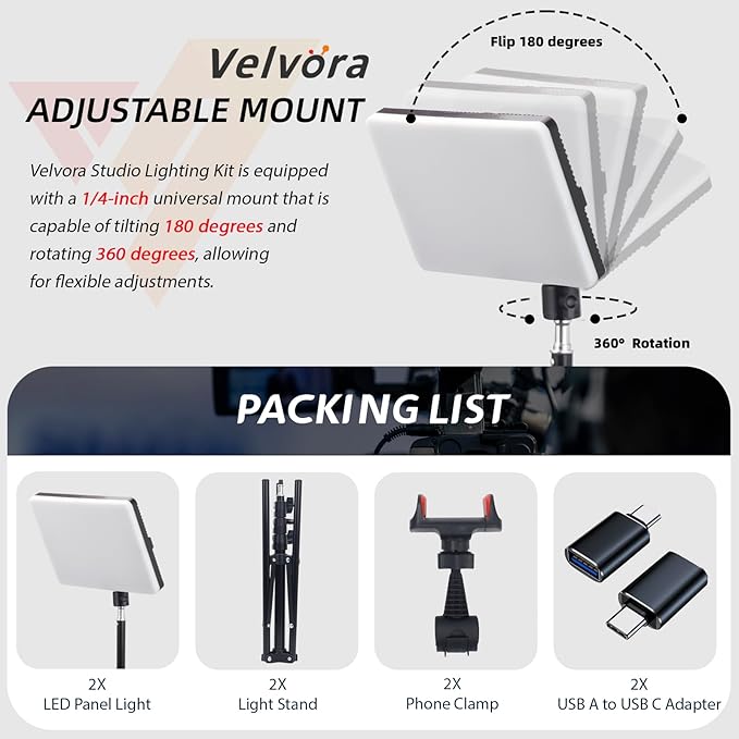 2-Pack LED Video Light Panel, 2700K-7500K Bi-Color Dimmable Photography Lighting Kit with 60" Tripod Stands & Phone Holders, CRI 95+ Studio Lights for Streaming, YouTube, TikTok, Zoom
