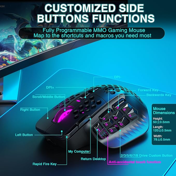 SOLAKAKA SM809 Pro MMO Gaming Mouse with 9 Side Buttons,24000 DPI RGB Mouse for Gamer,16 Programmable Macros MMO Mouse,Black