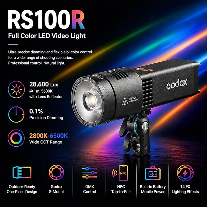 Godox RS100R 100W RGB LED Video Light, Built-in Battery COB Photography Light, 18100Lux, 1800K-10000K, 0.1% Dimming, USB-C Charging, App/DMX Control for Studio Video Streaming & Content Creation
