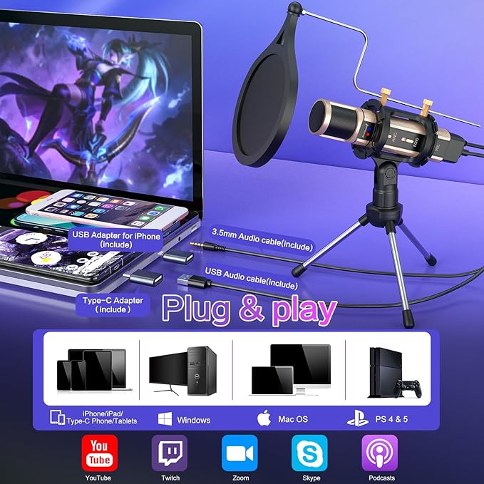ZealSound USB Microphone for iPhone, iPad, Android, PC & Laptop, Condenser Podcast Mic with Noise Reduction, Mute, Headphone Monitoring & Echo Control for ASMR, Podcast, Streaming, Gaming