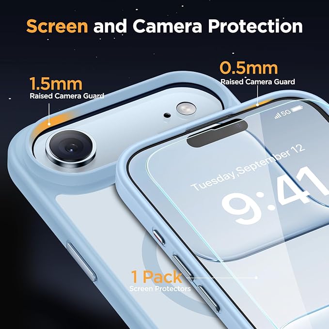 Miracase Magnetic for iPhone Air Case with Screen Protector(Compatible with MagSafe), Slim Thin Translucent Matte Military-Grade Protected Phone Cover for iPhone 17 Air 6.5", Light Blue
