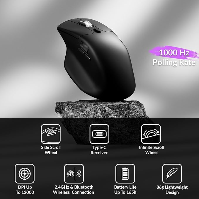 Keychron M6 Silent Wireless Gaming Mouse, 1000Hz, Bluetooth/2.4G/Wired, PixArt 3311 Sensor (12K DPI), 86g, 5 On-Board Memory Profiles for Plug & Play, Programmable for Mac/Win/Linux – Black