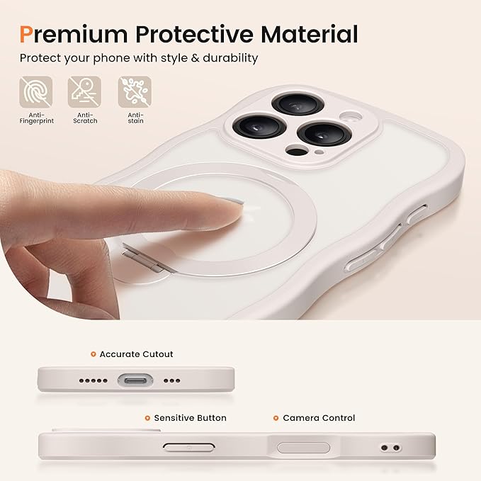 CAPRARO for iPhone 16 Pro Max Case with 360° Spin Magnetic Stand for Women, [Compatible with MagSafe] [Full Camera Protection] Cute Wave Translucent Matte Case for iPhone 16 Pro Max,Stone