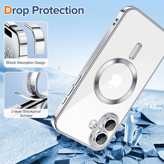 Hython Magnetic Clear for iPhone 16 Case with Camera Lens Protector [Compatible with MagSafe] Luxury Plating Edge Slim Soft TPU Cover Protective Phone Case for iPhone 16 6.1", Silver