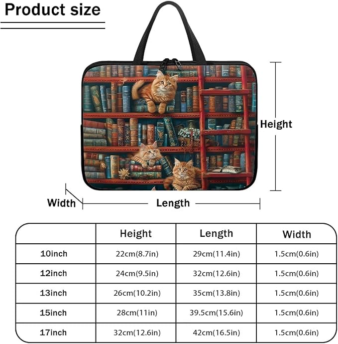 Vintage Bookshelf Laptop Sleeve Case Computer Cover Compatible with 10-17 Inch Tablet Cute Cat Protective Carrying Bag Briefcase Carrying Case, 17 Inch, Book Lover