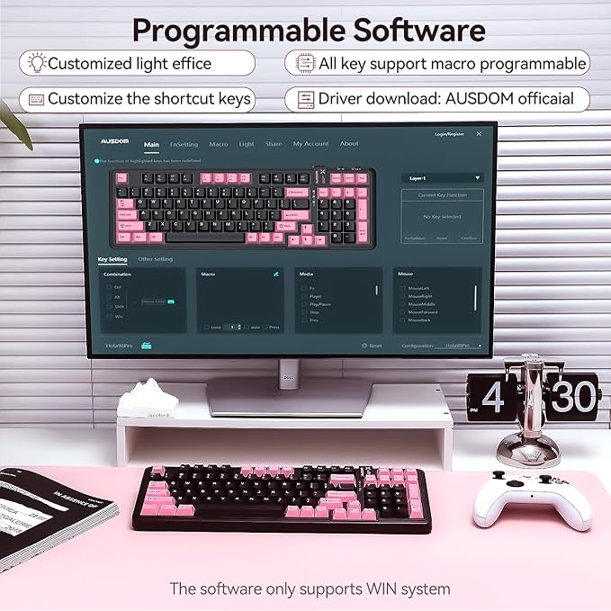 AUSDOM 98Pro Silent Wireless Mechanical Keyboard, Tri-Mode BT/2.4G/USB-C Hot Swappable Custom Quiet Keyboard with Backlit, Gasket Structure, PBT Keycaps,Pre-lubed Tactile Switches(Black & Pink-Silent)