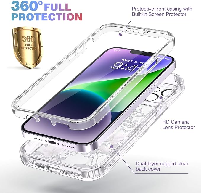 Diaclara Designed for iPhone 14 Case, Full Body Rugged Case with Built-in Touch Sensitive Anti-Scratch Screen Protector, with Camera Lens Protector for iPhone 14 6.1" (Camellia)