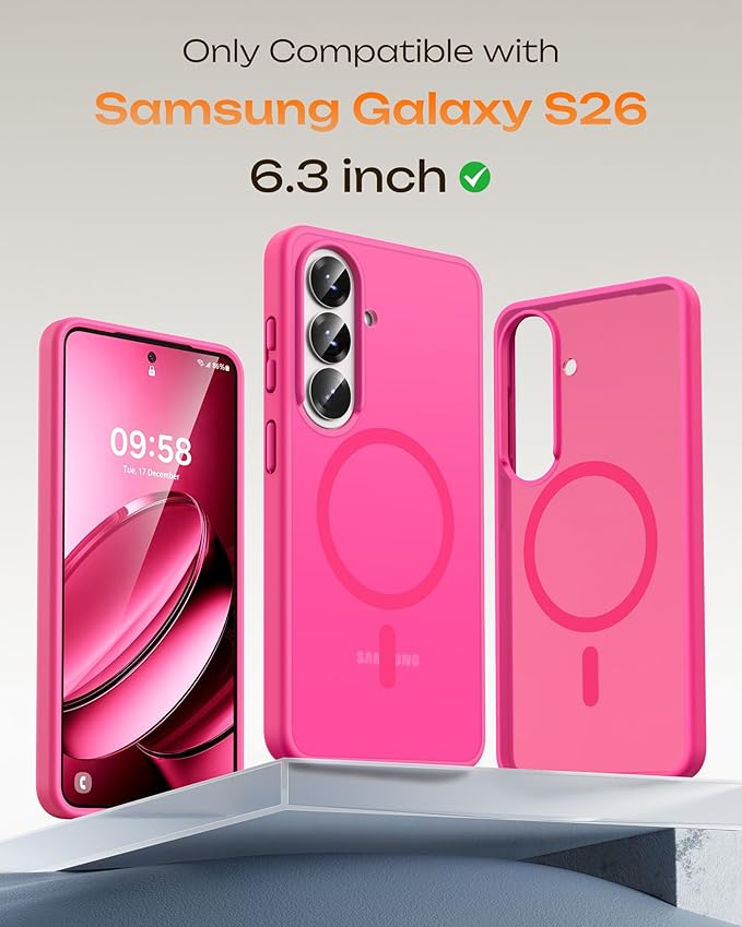 TOCOL for Samsung Galaxy S26 Case, Compatible with Magsafe, Full Camera Protection, Built-in Magnetic Ring, Drop Protection, Translucent Matte Phone Case for S26 6.3 inch (Hot Pink)