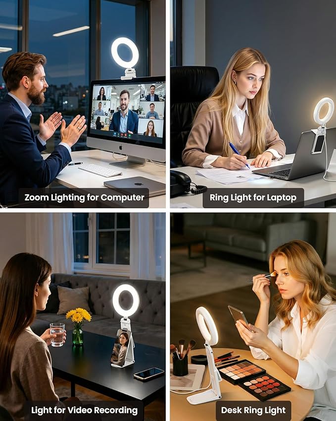Ring Light for Laptop Desk Clip On,Small Computer Video Conference Lighting with Stand for Phone/Webcam/Monitor,5" Portable Mini LED Selfie Light Desktop for Zoom Meeting/Video Call/Recording(White)