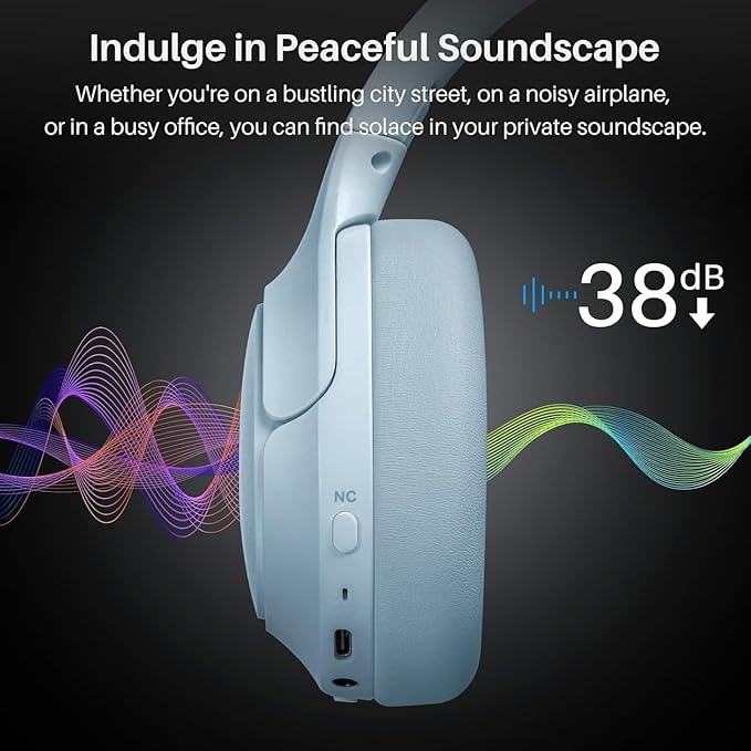 TOZO Hybrid Active Noise Cancelling Headphones, Wireless Over Ear Bluetooth Headset, 60H Playtime, Hi-Res Audio Custom EQ via App Deep Bass Comfort Fit Ear Cups, for Home Office Travel Blue