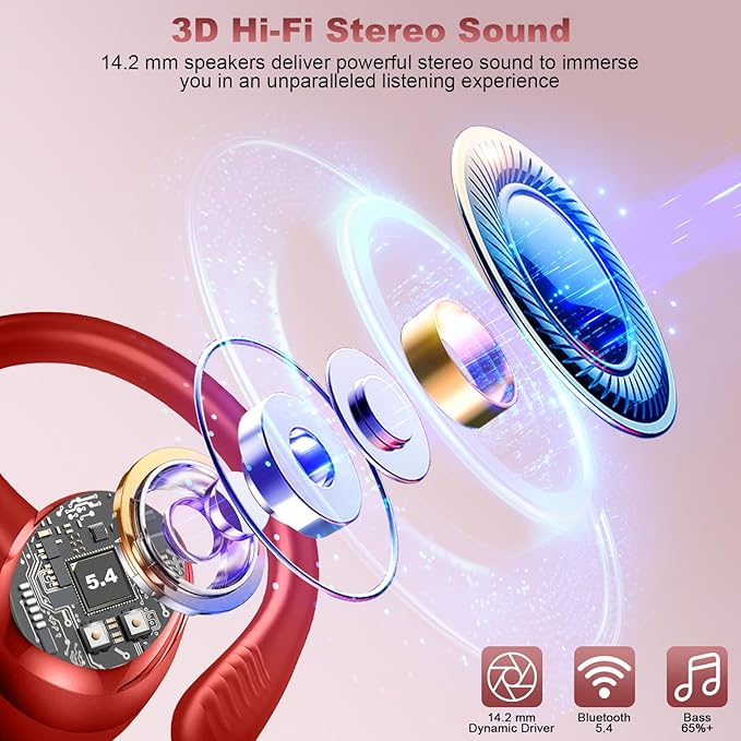 Hupoaf Wireless Earbuds Sport, NEW Bluetooth 5.4 Headphones with Earhooks, 50H Stereo Deep Bass Over Ear Buds with 4 ENC Noise Canceling Mics, IP7 Waterproof Earphones for Running Workout Gym -Red