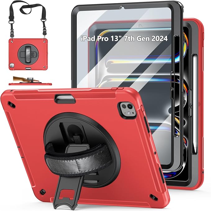 Case for iPad Pro 13 Inch M5 2025/ M4 2024: Military Grade Cover for iPad Pro 13" with Screen Protector - Stand - Handle - Shoulder Strap - Pencil Holder- Red