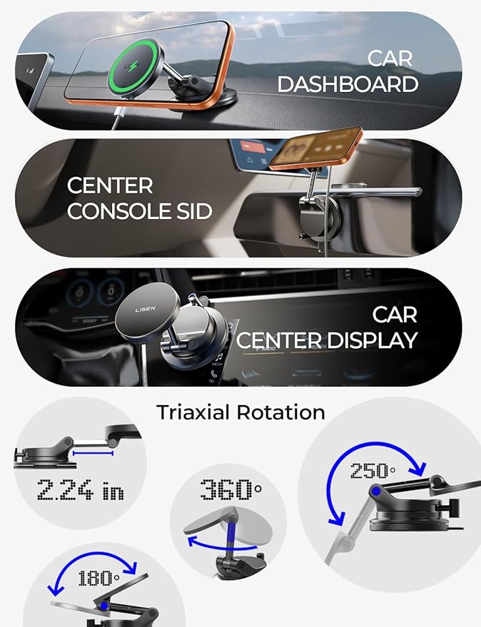 LISEN 15W Magsafe Car Mount Charger, Magnetic Wireless Car Charger, Suction Phone Mount, Vacuum Magnetic Phone Holder for Car Charger for iPhone 17 Pro Max 16 15 14 13 12, Samsung,Pixel, Gifts for Mom