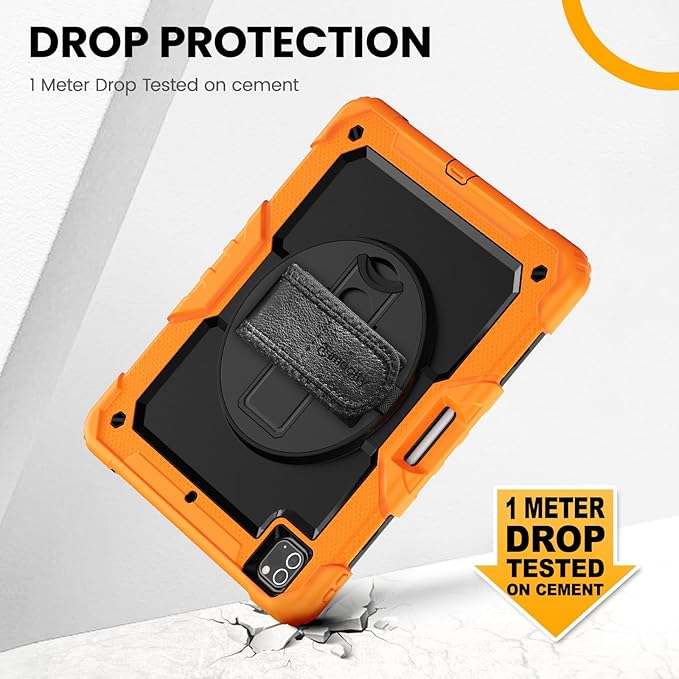 Timecity for iPad Pro 12.9 Case 6th/5th/4th/3rd Gen, 360° Rotating Stand, Pencil Holder & Wireless Charging, Shockproof with Screen Protector & Shoulder Strap - for Designers & Professionals - Orange