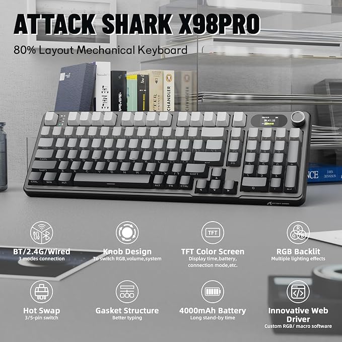 MAMBASNAKE Attack Shark X98 Pro Wireless Mechanical Keyboard with Screen & Knob,2.4G/USB-C/BT5.0 Gasket Hot Swappable Creamy Keyboard102 Keys, Web Driver RGB Gaming Keyboard for PC/Mac/PS4/Xbox