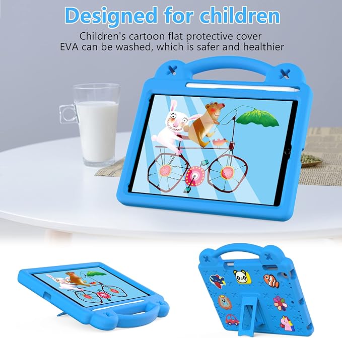 Dteck Kids Case for iPad 9.7 Inch 6th/5th Gen 2018/2017 & iPad Air 2/1 & iPad Pro 9.7,Cartoon Panda Shockproof Rugged Lightweight Pencil Holder Convertible Handles Stand Kids Friendly Case,Sky Blue
