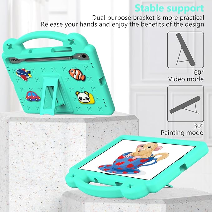 AKABEILA Compatible with Samsung Galaxy Tab S10 FE 2025 Tablet Case, Kids Friendly Universal Lightweight Shockproof Protective Case with Shoulder Strap & Stand Handle Mint Green