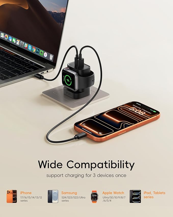 VRURC Fast Charger for iPhone, PD 20W USB C Wall Charger Dual Ports, 3-in-1 Foldable Charging Block Built in Magnetic Watch Charger Station for Apple Watch Ultra/10/9/8/7/6/5/4-Black