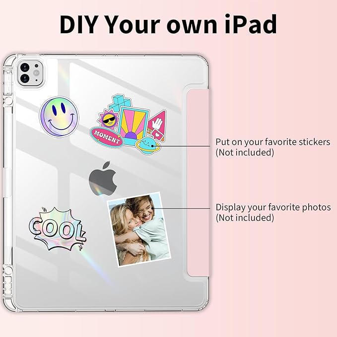 Clear Case for iPad Pro 12.9 inch 6th/5th/4th/3rd Gen with Pencil Holder [Support Pencil Charging] Auto Wake/Sleep, Lightweight Shockproof Trifold Stand Transparent Hard PC Back Cover, Pink-2