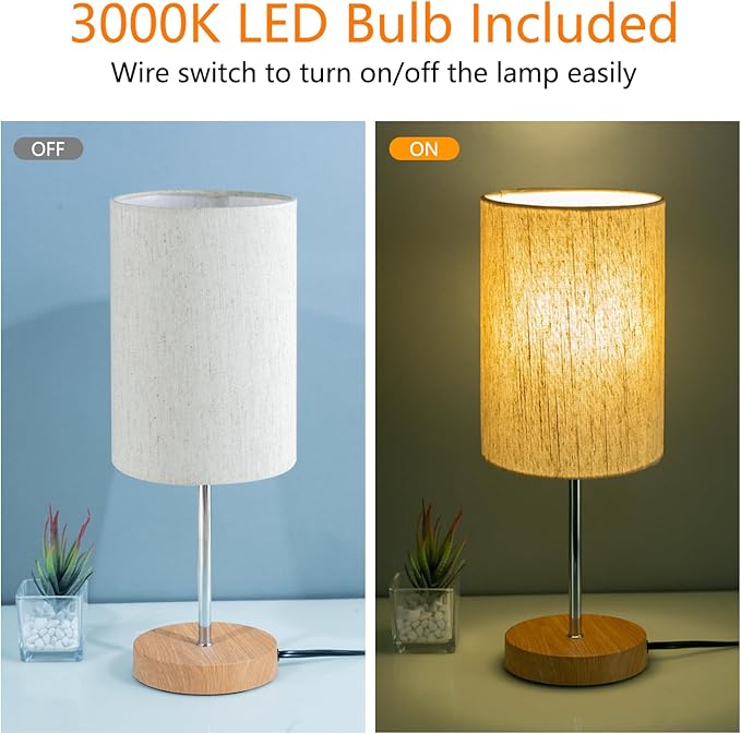 RISLG 2 Pack Small Table Lamps, Bedside Lamps for Nightstand with Wire Switch, Modern Minimalist Desk Lamp with Linen Fabric Shade for Dorm Kids Room Living Room Office Bedroom, Bulb Included-L