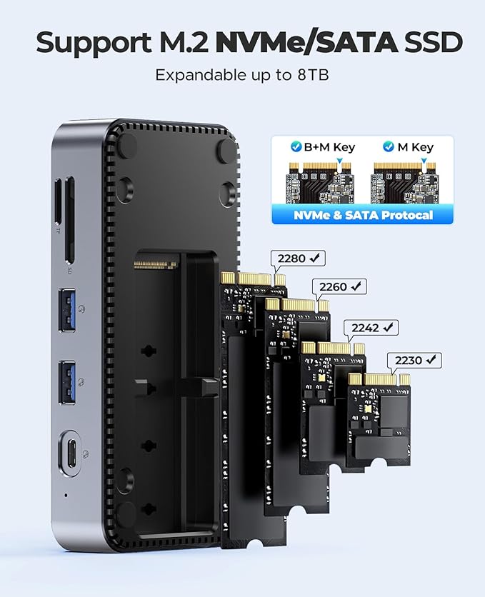 USB C Hub with M.2 SSD Enclosure, New Upgrade ORICO 10-in-1 USB-C Docking Station with Built in fan, 10Gbps USB 3.2 Gen2 M.2 NVMe SSD Reader, Support 4K@60Hz HDMI, 100W PD, Ethernet, SD/TF - DPM2P9-V1