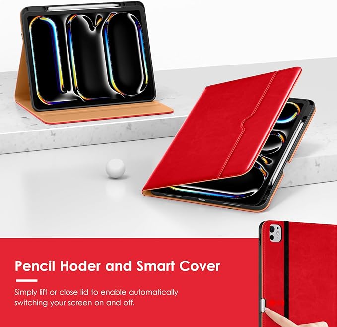 VIKESI Case for iPad Pro 13-inch M5 or M4 Released in 2025 or 2024, Leather Stand Cover with Apple Pencil Holder, Auto Wake/Sleep, Multiple Viewing Angles, Built in Hand Strap & Pocket,Bright Red